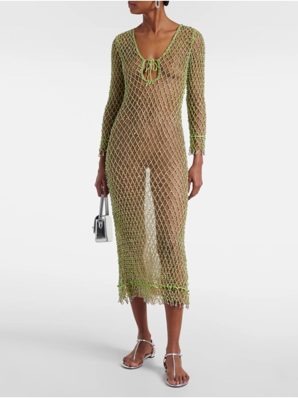 Self‑Portrait Green Beaded Fishnet Cover-Up midi Dress